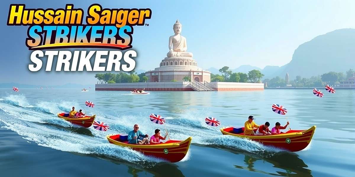Hussain Sagar Strikers - India's Water Sports Game Hussain Sagar Strikers game cover showing vibrant boat race on Hussain Sagar Lake with Buddha statue in background