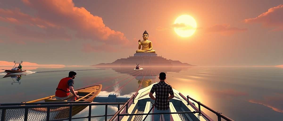 Hussain Sagar Strikers Gameplay In-game screenshot of Hussain Sagar Strikers showing players racing boats near the Buddha statue