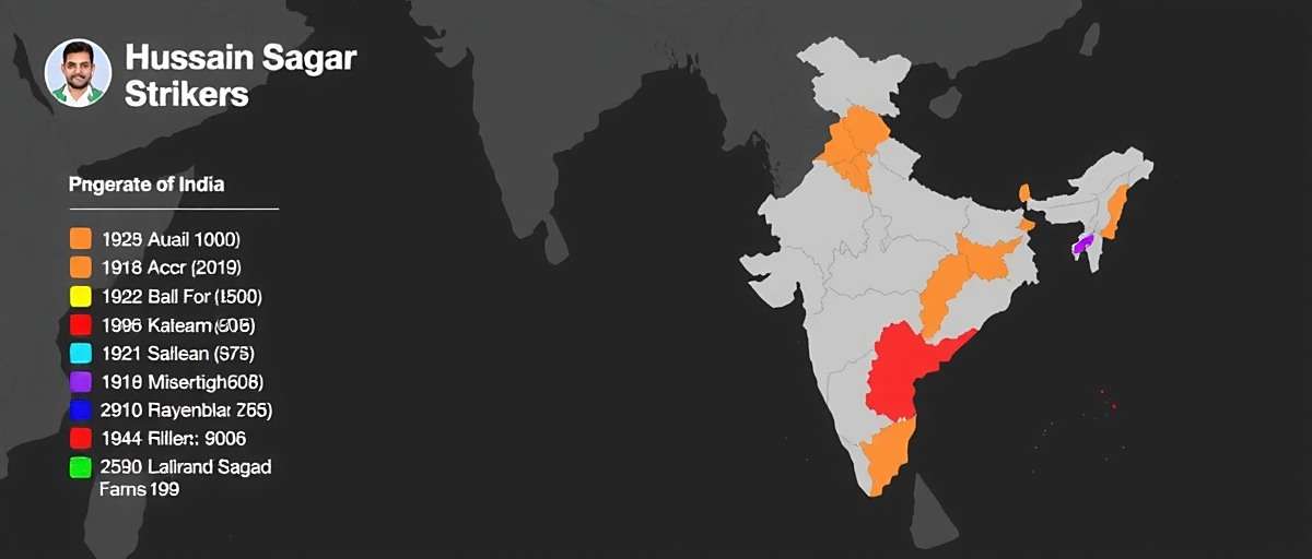Hussain Sagar Strikers Player Distribution Map showing Hussain Sagar Strikers player distribution across India with highest concentration in South India