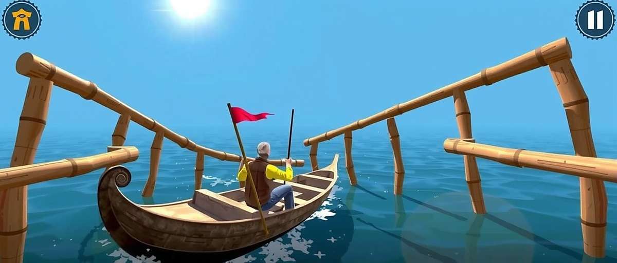 Hussain Sagar Strikers gameplay showing player navigating through obstacle course on a traditional boat
