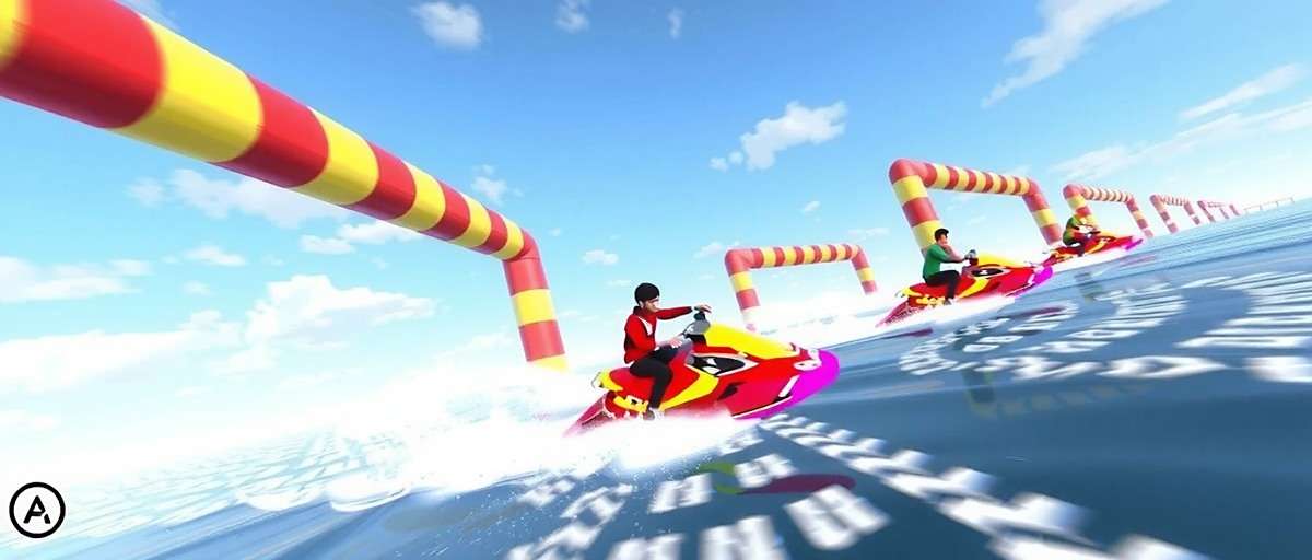 Hussain Sagar Strikers gameplay showing jet ski race with players maneuvering through obstacles