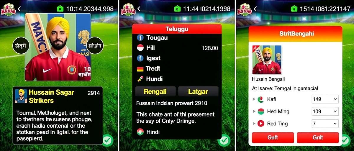 Screenshots showing Hussain Sagar Strikers interface in different Indian languages including Telugu, Hindi, and Bengali